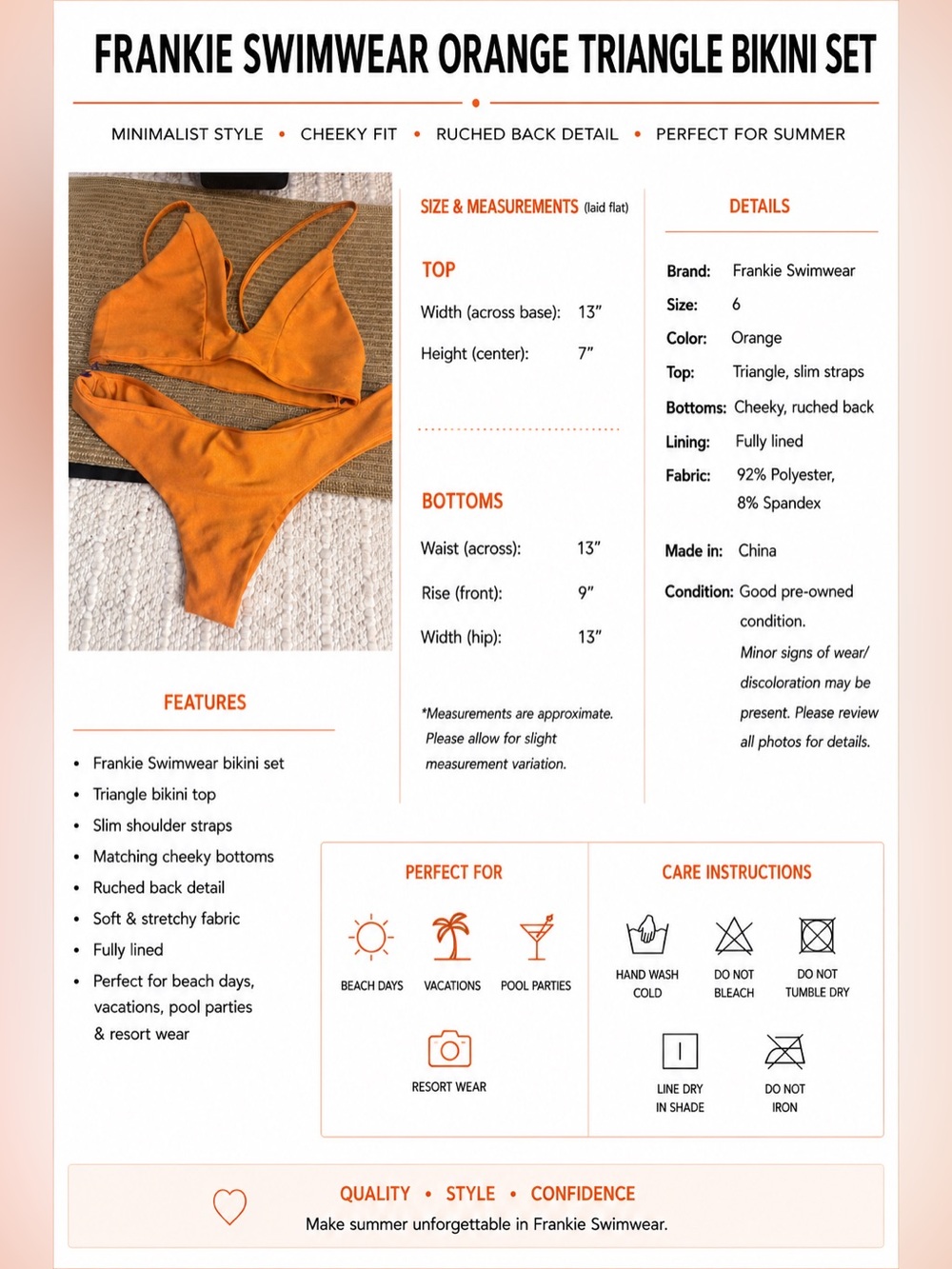 Frankie Swimwear Orange Triangle Bikini Set Size 6 Ruched Cheeky Bottoms